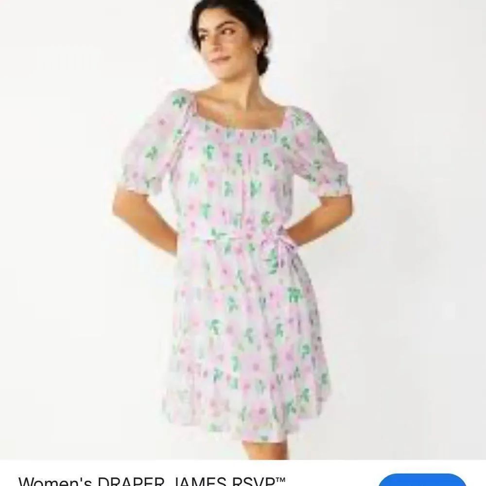NWT Draper James RSVP Pink Floral Smocked Neck Puff Sleeve Dress